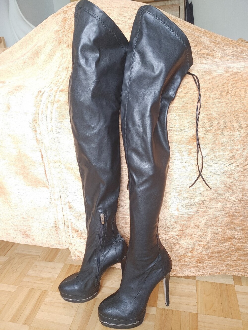 Black Over-the-Knee Stiletto Heel Boots with Tie Back And Platform p